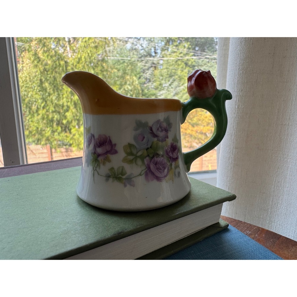 Vintage Tashiro Shoten Japan Porcelain Creamer Hand Painted Purple Roses 1930s